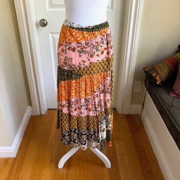 Sold Coldwater Creek Patchwork Tiered Pull On Multicolored Maxi Skirt (PL), NWOT - Picture 4 of 8